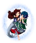  animal_ears blue_hair blush brown_hair dress head_fins highres imaizumi_kagerou japanese_clothes long_hair mermaid monster_girl multiple_girls obi red_eyes sash shikushiku_(amamori_weekly) short_hair simple_background smile touhou wakasagihime white_background wolf_ears 