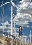  black_hair blue_sky cloud day dress highres hjl original sailor_collar sailor_dress school_uniform sky solo standing wind_turbine windmill 