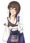  armor blush breast_lift brown_eyes brown_hair collarbone cosplay flying_sweatdrops hakama_skirt headband highres ipuu_(el-ane_koubou) japanese_clothes kaga_(kantai_collection) kaga_(kantai_collection)_(cosplay) kantai_collection looking_at_viewer muneate off_shoulder open_mouth oversized_clothes short_hair solo strap_slip sweatdrop taihou_(kantai_collection) tasuki wavy_mouth 