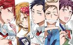  4boys black_hair bow brown_hair column_lineup gekkan_shoujo_nozaki-kun hair_bow hidaka_en hori_masayuki ink long_hair mikoshiba_mikoto multiple_boys nib_pen_(object) nozaki_umetarou orange_hair pen polka_dot polka_dot_bow purple_hair red_hair rouman_academy_uniform sakura_chiyo school_uniform short_hair wakamatsu_hirotaka 