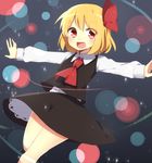 ascot blonde_hair hair_ribbon long_sleeves looking_at_viewer open_mouth outstretched_arms red_eyes ribbon rumia saibi shirt skirt skirt_set smile solo touhou vest 
