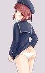  ass blush brown_eyes brown_hair butt_crack clothes_writing from_behind hat highres ipuu_(el-ane_koubou) kantai_collection looking_at_viewer looking_back panties shirt_tug short_hair solo underwear z3_max_schultz_(kantai_collection) 