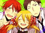  2boys ^_^ black_hair blonde_hair bow closed_eyes gekkan_shoujo_nozaki-kun hair_bow mikoshiba_mikoto multiple_boys necktie nozaki_umetarou oda_kazuomi open_mouth polka_dot polka_dot_bow red_hair rouman_academy_uniform sakura_chiyo school_uniform smile 