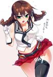  braid breasts brown_hair dragonmaterial flying_sweatdrops gloves green_eyes kantai_collection large_breasts long_hair navel noshiro_(kantai_collection) open_mouth panties panty_peek sailor_collar single_thighhigh skirt sleeveless solo thigh_gap thighhighs translation_request twin_braids underwear wavy_mouth white_gloves 