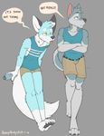  2014 anthro canine clothed clothing crossed_arms dialog dog duo english_text fox husky male mammal shirt shorts sir_kavalier spazzyhusky summer sweat tank_top text tongue tongue_out yellow_eyes 