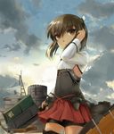  adjusting_hair arm_up bad_id bad_pixiv_id bike_shorts blush boat bow_(weapon) brown_eyes brown_hair cloud crossbow flat_chest headband headgear ipuu_(el-ane_koubou) kantai_collection open_mouth pleated_skirt short_hair skirt sky solo sunrise taihou_(kantai_collection) thighhighs watercraft weapon wind 