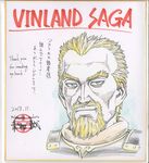  2013 artist_name askeladd beard blonde_hair blue_eyes copyright_name dated english facial_hair happy looking_at_viewer male_focus official_art signature simple_background sketch smile solo spiked_hair thank_you translation_request vinland_saga white_background yukimura_makoto 