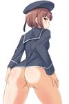  anus ass blush bottomless brown_eyes brown_hair censored deep_skin dress from_behind hand_on_ass hat highres ipuu_(el-ane_koubou) kantai_collection looking_back no_panties pussy sailor_collar sailor_dress sailor_hat short_hair simple_background solo z3_max_schultz_(kantai_collection) 