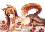  absurdres animal_ears apple breasts brown_hair brown_legwear food fruit highres holding holo long_hair looking_at_viewer lying medium_breasts navel on_side pantyhose parted_lips red_eyes saimon_ma solo spice_and_wolf stomach tail topless wheat wolf_ears wolf_tail 