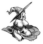 breasts cleavage dated dragon's_crown greyscale hat large_breasts long_hair mariel_cartwright monochrome simple_background solo sorceress_(dragon's_crown) staff white_background witch_hat 