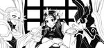  armor bikini_armor blush diana_(league_of_legends) ear_protection feeding food forehead_protector fork greyscale helmet knife league_of_legends leona_(league_of_legends) long_hair monochrome multiple_girls oldlim smirk spoon syndra yuri 