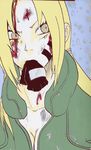  1girl artist_request bleeding blonde_hair blood breasts cleavage deep_wound facial_mark female flak_jacket glove gloves injury long_hair mouth_hold naruto serious solo tsunade wounded 