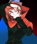  blouse bow cape dullahan hair_bow hands_on_own_head high_collar highres long_sleeves looking_down red_eyes red_hair ripping sekibanki shirt short_hair skirt solo tian_(my_dear) touhou tsurime tunic upper_body 