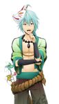  abs armlet blue_eyes blue_hair exposed_muscle fox_mask jewelry long_hair mask miroku_(onigiri) necklace onigiri_(mmorpg) pinwheel ponytail scar 