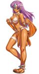  anklet bracelet breasts dark_skin dragon_quest dragon_quest_iv earrings full_body highres jewelry large_breasts loincloth long_hair looking_at_viewer manya pelvic_curtain purple_hair red_eyes sandals simple_background solo thigh_strap uchiu_kazuma white_background 