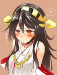  black_hair blush breasts choker commentary_request detached_sleeves hair_ornament hairband hairclip haruna_(kantai_collection) heart highres japanese_clothes kantai_collection large_breasts long_hair nontraditional_miko pout red_eyes solo spoken_squiggle squiggle sweatdrop tsukui_kachou 