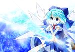  blue_eyes blue_hair bow cirno dress fighting_stance focused hair_bow ice ice_wings loafers shoes short_hair solo sunrise_stance sword touhou weapon wings yuuhi_alpha 
