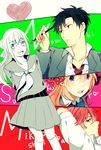  2girls black_hair blazer blonde_hair bow character_name creat gekkan_shoujo_nozaki-kun hair_bow highres jacket mamiko_(koi_shiyou!) mikoshiba_mikoto multiple_boys multiple_girls necktie nib_pen_(object) nozaki_umetarou partially_colored polka_dot polka_dot_bow red_hair rouman_academy_uniform sakura_chiyo school_uniform serafuku 