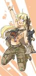  ahoge america american_flag assault_rifle bikini_top blonde_hair blue_eyes camouflage camouflage_pants eotech explosive field_radio finger_gun glowstick grenade gun highres jumping kneeling load_bearing_vest long_hair looking_at_viewer m4_carbine md5_mismatch military military_uniform navel open_mouth original pants rifle shino_(r_shughart) smile solo uniform vertical_foregrip weapon wristband 