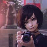  black_hair blurry brown_eyes camera choker chromatic_aberration chuuken_hachikou depth_of_field face ilya_kuvshinov landmark lips original shibuya_(tokyo) shibuya_station short_hair solo statue tokyo_(city) 