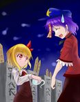  araki_(qbthgry) blonde_hair blouse blue_hair divine_spirit frilled_sleeves frills hair_ribbon hat miyako_yoshika multiple_girls ofuda red_eyes ribbon rumia shirt short_hair short_sleeves skirt spirit sweatdrop tombstone touhou vest 