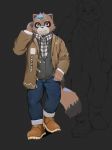  2019 anthro brown_fur canine clothing eyewear footwear fur glasses hirainaoto1 humanoid_hands leaf male mammal pants shirt shoes simple_background solo tanuki 