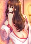  akagi_(kantai_collection) ass bad_id bad_pixiv_id breasts brown_hair highres japanese_clothes kantai_collection lantern large_breasts long_hair looking_at_viewer nipples parted_lips red_eyes solo thighhighs touwa_nikuman undressing 
