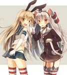  amatsukaze_(kantai_collection) animal_ears bell brown_eyes brown_hair bunny_ears bunny_tail cat_ears cat_tail choker covering covering_ass dress elbow_gloves fang garter_straps gloves hair_ornament hair_tubes hairband holding_hands kantai_collection kemonomimi_mode long_hair multiple_girls open_mouth pleated_skirt sailor_dress school_uniform serafuku shimakaze_(kantai_collection) short_dress shugao silver_hair simple_background skirt tail tears thighhighs two-tone_background two_side_up white_gloves zettai_ryouiki 