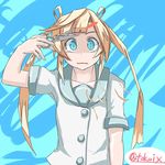  abukuma_(kantai_collection) al_bhed_eyes blonde_hair blue_eyes cutting_hair kantai_collection school_uniform scissors severed_hair solo tokoi twintails twitter_username 