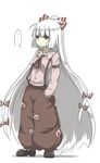  1girl ascot baggy_pants bow commentary_request fujiwara_no_mokou full_body hair_bow hands_in_pockets highres long_hair looking_at_viewer ofuda pants red_eyes shoes solo suspenders touhou very_long_hair volkies white_background white_hair 