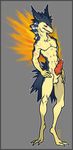  anthrofied balls blush digitigrade grey_background hand_on_hip knot male misericorde muscles nintendo penis pierced_ears plain_background pok&#233;mon pok&eacute;mon precum red_eyes scar skinny solo typhlosion video_games 