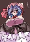  adapted_costume alternate_breast_size alternate_costume bat_wings blue_hair breasts bursting_breasts choker cleavage corset dated dress fang hat highres huge_breasts looking_at_viewer makura_cover mob_cap older red_eyes remilia_scarlet short_hair simple_background solo surprised touhou wings 