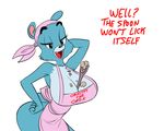  ? angry anthro apron bear big_breasts black_eyes black_nose blue_fur breasts chochi crossgender dialog english_text eyewear female fur looking_at_viewer mammal open_mouth plain_background solo spoon standing text thighs tom_preston white_background 