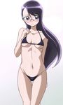  bare_shoulders bikini blush breasts cleavage collarbone embarrassed glasses hair_ornament hairclip heartcatch_precure! highleg highleg_bikini highleg_swimsuit long_hair manji_(tenketsu) micro_bikini midriff navel precure purple_eyes purple_hair small_breasts solo swimsuit tsukikage_yuri underboob 