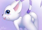  2019 anthro anus black_nose blue_eyes blush butt digimon digimon_(species) digital_media_(artwork) feline female fur gatomon looking_at_viewer mammal milesnukem multicolored_fur nude out presenting pussy simple_background smile solo tongue tongue_out whiskers white_fur 