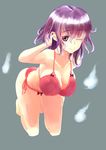  ;) absurdres bad_id bad_pixiv_id bra breasts cleavage covered_nipples hanging_breasts highres large_breasts lingerie looking_at_viewer marubororaito no_hat no_headwear one_eye_closed panties purple_eyes purple_hair saigyouji_yuyuko short_hair smile solo spirit touhou underwear underwear_only 