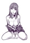  1girl areolae bottomless breasts breasts_out breasts_outside censored cleavage hime_cut hyuuga_hinata kneeling long_hair medium_breasts monochrome naruto open_clothes open_mouth sho-n-d solo 