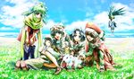  :d antenna_hair bangs black_hair blonde_hair blue_eyes blue_sky brown_eyes chu_chu_(xenogears) crescens day dress drill_hair emerada_(xenogears) eyelashes field flower flower_field full_body grass green_hair hat long_sleeves looking_at_viewer marguerite_fatima maria_balthasar midori_uzuki monster multiple_girls open_mouth outdoors parted_bangs primera_black reglay scarf sitting sky smile xenogears 