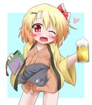  alternate_costume apron beer_mug blonde_hair blush_stickers collarbone cup fang hair_ornament hair_ribbon hairclip hanten_(clothes) heart holding holding_cup japanese_clothes kimono long_sleeves looking_at_viewer nakai_(waitress) oden_(th-inaba) one_eye_closed open_clothes open_kimono open_mouth red_eyes ribbon rumia short_kimono smile solo touhou waist_apron waitress wide_sleeves 