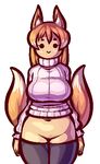  animal_ears black_legwear blonde_hair bottomless breasts cubesona curvy fox_ears fox_tail large_breasts long_hair lowres multiple_tails naked_sweater navel original pubic_stubble ribbed_sweater smile solo sweater tail thighhighs turtleneck 