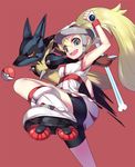  arm_up armpits bicycle_helmet bike_shorts blonde_hair bone fingerless_gloves gen_4_pokemon gloves green_eyes gym_leader helmet koruni_(pokemon) long_hair looking_at_viewer lucario mega_lucario mega_pokemon open_mouth poke_ball pokemon pokemon_(creature) pokemon_(game) pokemon_xy ponytail ririko_(zhuoyandesailaer) roller_skates skates two_side_up 