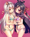  bikini black_hair braid breasts cape chloe_(sennen_sensou_aigis) choker covered_nipples cowboy_shot cross cross_earrings cross_necklace earrings halo hands_clasped interlocked_fingers jewelry long_hair medium_breasts mokyu multiple_girls necklace noel_(sennen_sensou_aigis) orange_eyes own_hands_together pointy_ears purple_eyes ribbon sennen_sensou_aigis string_bikini swimsuit very_long_hair white_hair 