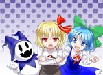  :d :o araki_(qbthgry) blonde_hair blouse blue_eyes blue_hair bow cirno crossed_arms dress fang frilled_dress frills hair_bow hair_ribbon halftone halftone_background hand_on_another's_shoulder jack_frost multiple_girls open_mouth red_eyes ribbon rumia shin_megami_tensei short_hair simple_background skirt smile snowman touhou trait_connection vest 