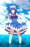  aqua_eyes blue_hair bow cirno cloud day dress hair_bow highres legs neck_ribbon ocean open_mouth outdoors petticoat ribbon satou_samu short_hair skirt_hold sky solo touhou wading water wings 