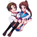  1girl bad_id bad_pixiv_id brown_eyes brown_hair carrying genderswap genderswap_(ftm) genderswap_(mtf) hairband kita_high_school_uniform kyonko long_hair ponytail princess_carry ren_(zero_second) school_uniform serafuku short_hair suzumiya_haruhi_no_yuuutsu suzumiya_haruhiko 