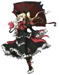  animal_themed_umbrella bat black_umbrella blazblue blonde_hair blush bow dress frills gii gothic_lolita kasa lolita_fashion long_hair nago rachel_alucard red_bow red_eyes ribbon solo twintails umbrella vampire 