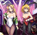  animal_ears blonde_hair blue_eyes blue_hair bunny_ears bunnysuit copyright_request fishnet_pantyhose fishnets gun kara_(color) multiple_girls neon_lights pantyhose short_hair slot_machine stage_lights sweatdrop weapon wrist_cuffs 