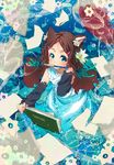  ahoge animal_ears blue_eyes brown_hair cat_ears detached_sleeves flower fountain_pen hair_flower hair_ornament hairpin long_hair mouth_hold oekaki_musume original pen sketchbook solo staff_(music) takanashi_ringo 