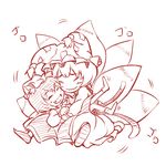  animal_ears bad_id bad_pixiv_id cat_ears cat_tail chen chibi closed_eyes fang fox_tail happy hat hug ippaiccha long_sleeves monochrome multiple_girls multiple_tails open_mouth pillow_hat red short_hair sketch smile socks tail tassel touhou white_background yakumo_ran 