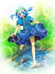  barefoot blue_dress blue_eyes blue_hair dress hair_bobbles hair_ornament hat highres kawashiro_nitori key open_mouth pocket running short_hair skirt_hold smile solo tmc touhou twintails two_side_up water 